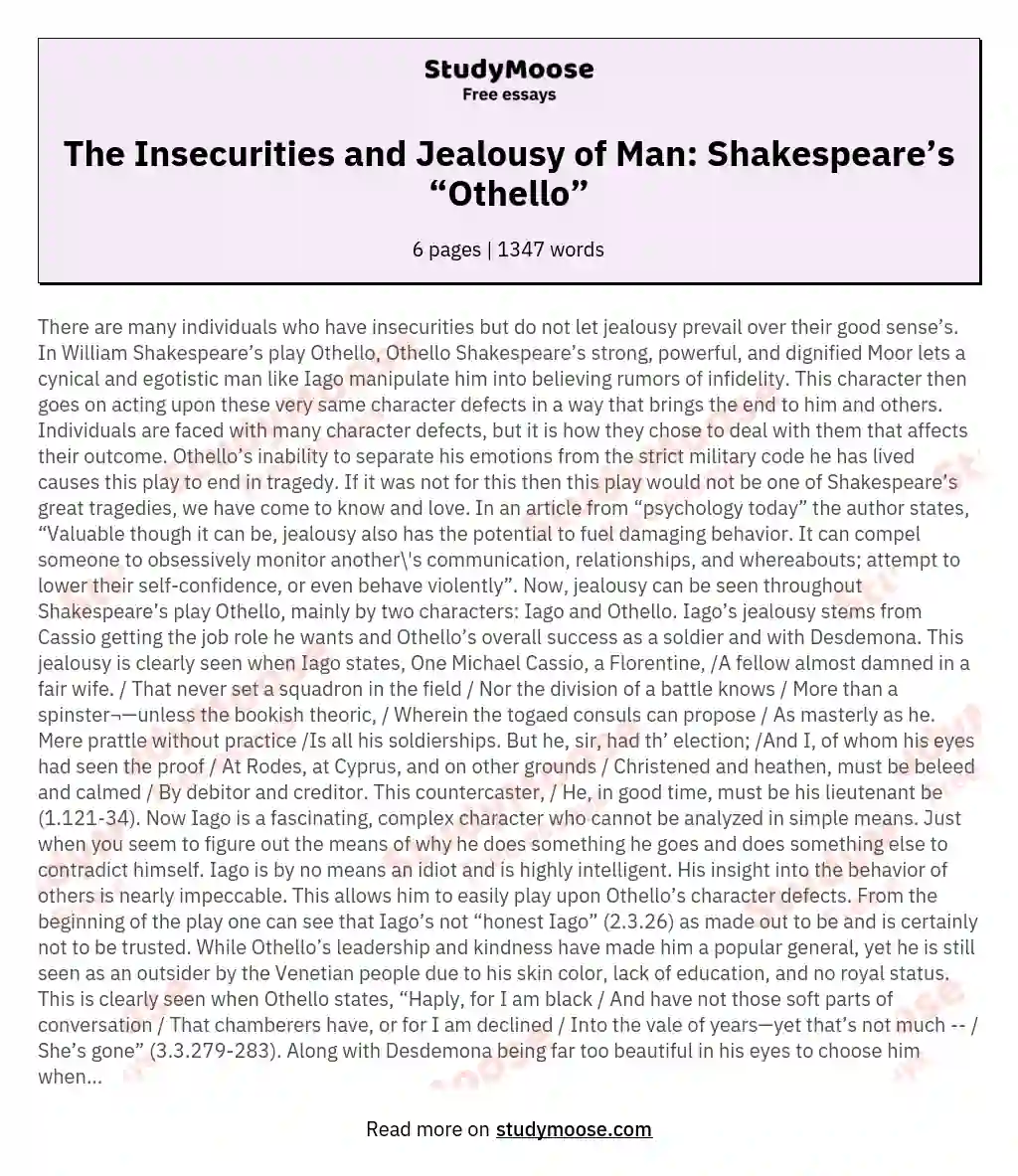 The Insecurities and Jealousy of Man: Shakespeare’s “Othello” essay