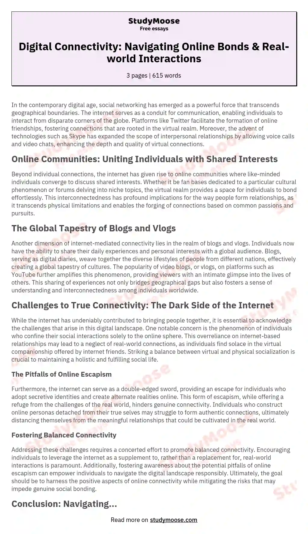 Digital Connectivity: Navigating Online Bonds & Real-world Interactions essay