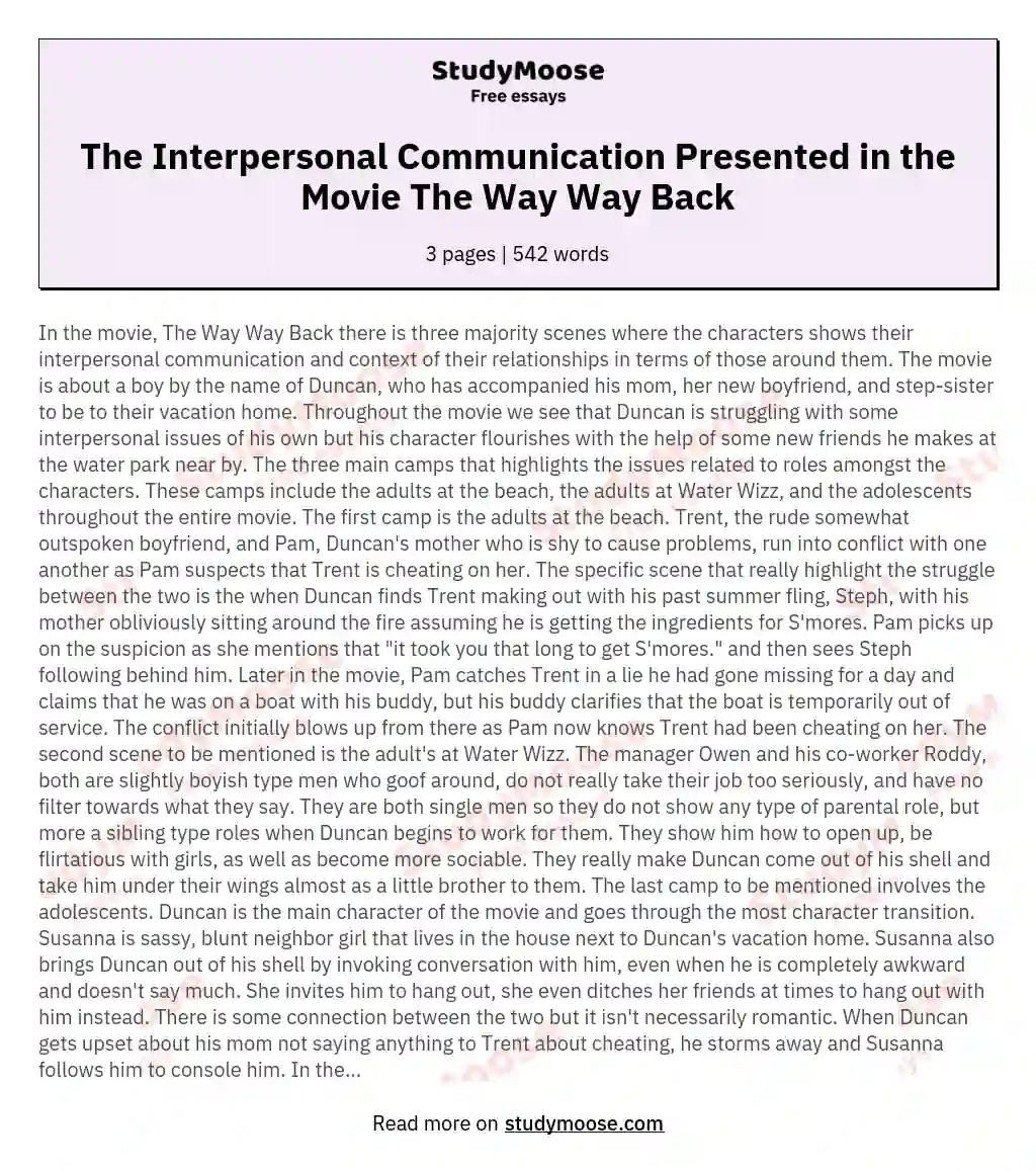 The Interpersonal Communication Presented in the Movie The Way Way Back essay