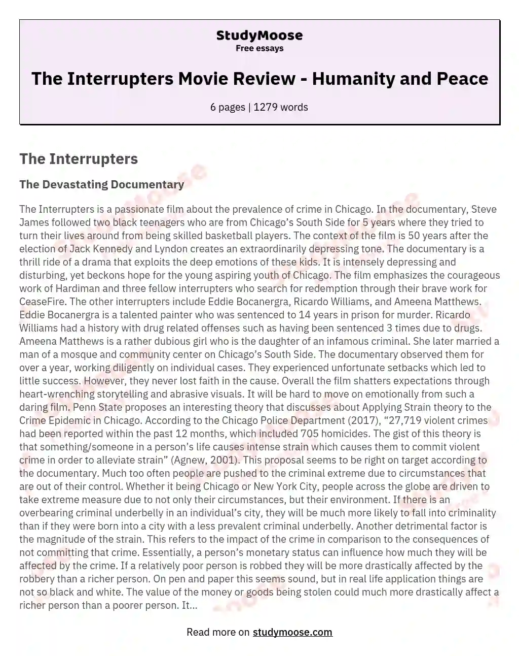 The Interrupters Movie Review - Humanity and Peace essay