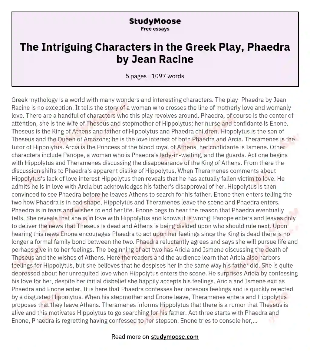 The Intriguing Characters in the Greek Play, Phaedra by Jean Racine essay