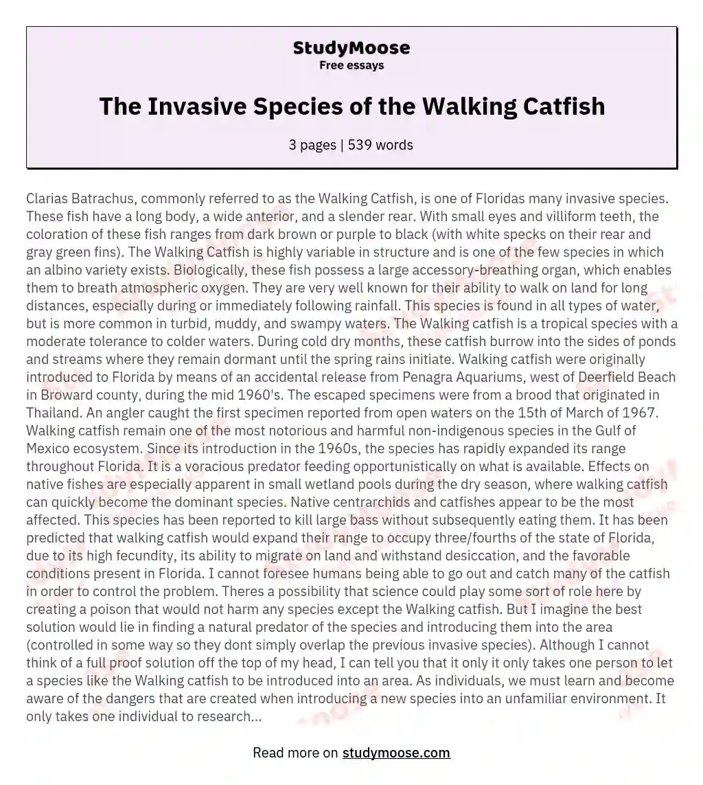 The Invasive Species of the Walking Catfish essay