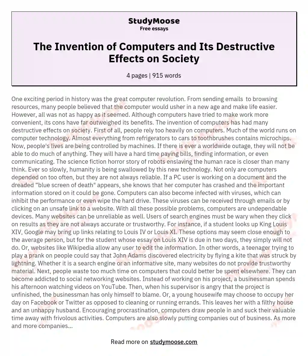 The Invention of Computers and Its Destructive Effects on Society essay