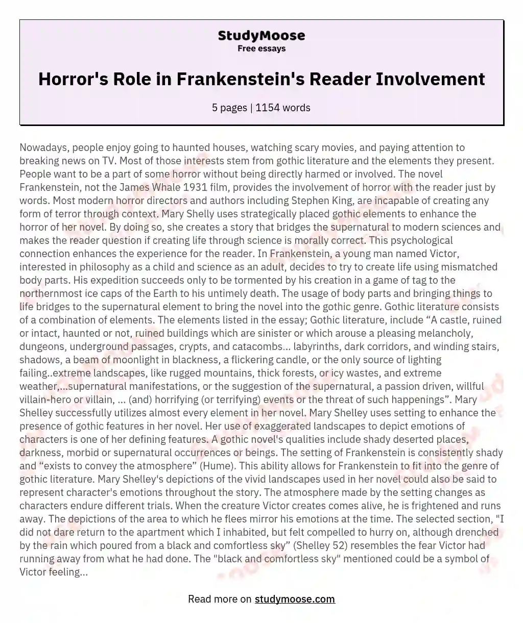 The Involvement of Horror With the Reader in the Novel Frankenstein by Mary Shelley