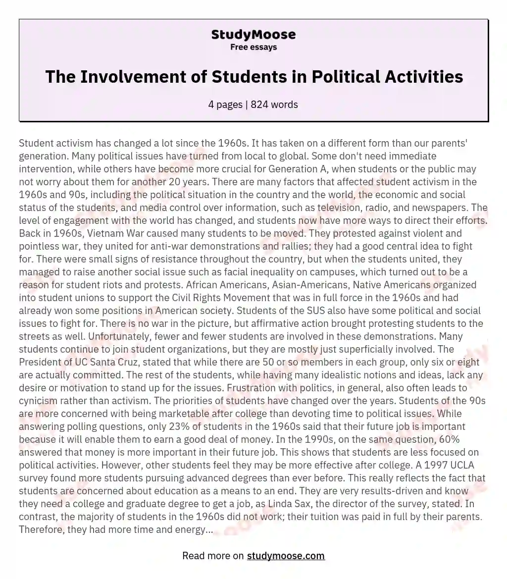 The Involvement of Students in Political Activities essay