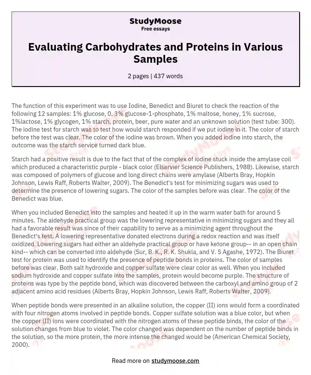 Evaluating Carbohydrates and Proteins in Various Samples essay