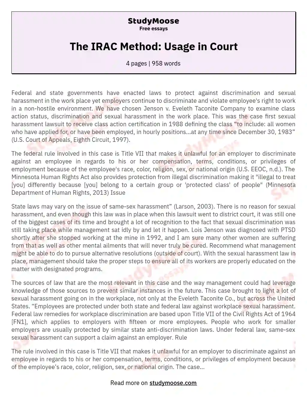 The IRAC Method: Usage in Court essay