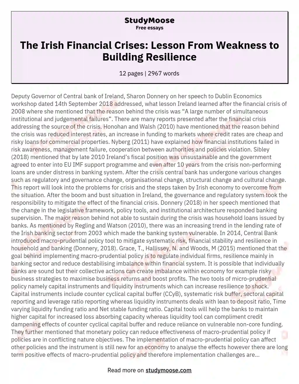 The Irish Financial Crises: Lesson From Weakness to Building Resilience essay