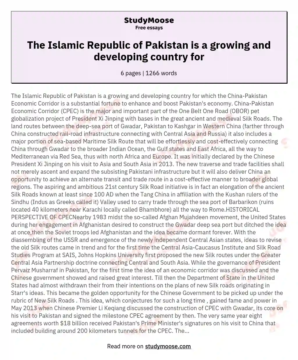 The Islamic Republic of Pakistan is a growing and developing country for essay