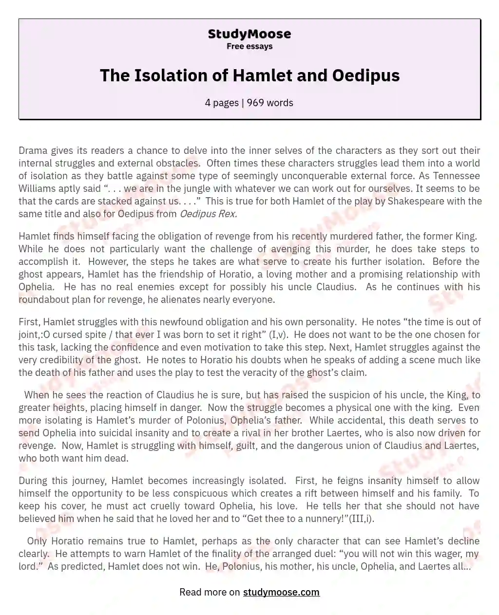 The Isolation of Hamlet and Oedipus essay