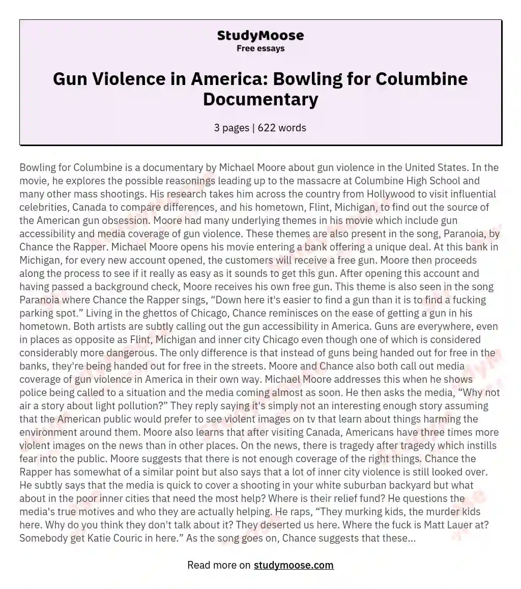Gun Violence in America: Bowling for Columbine Documentary essay