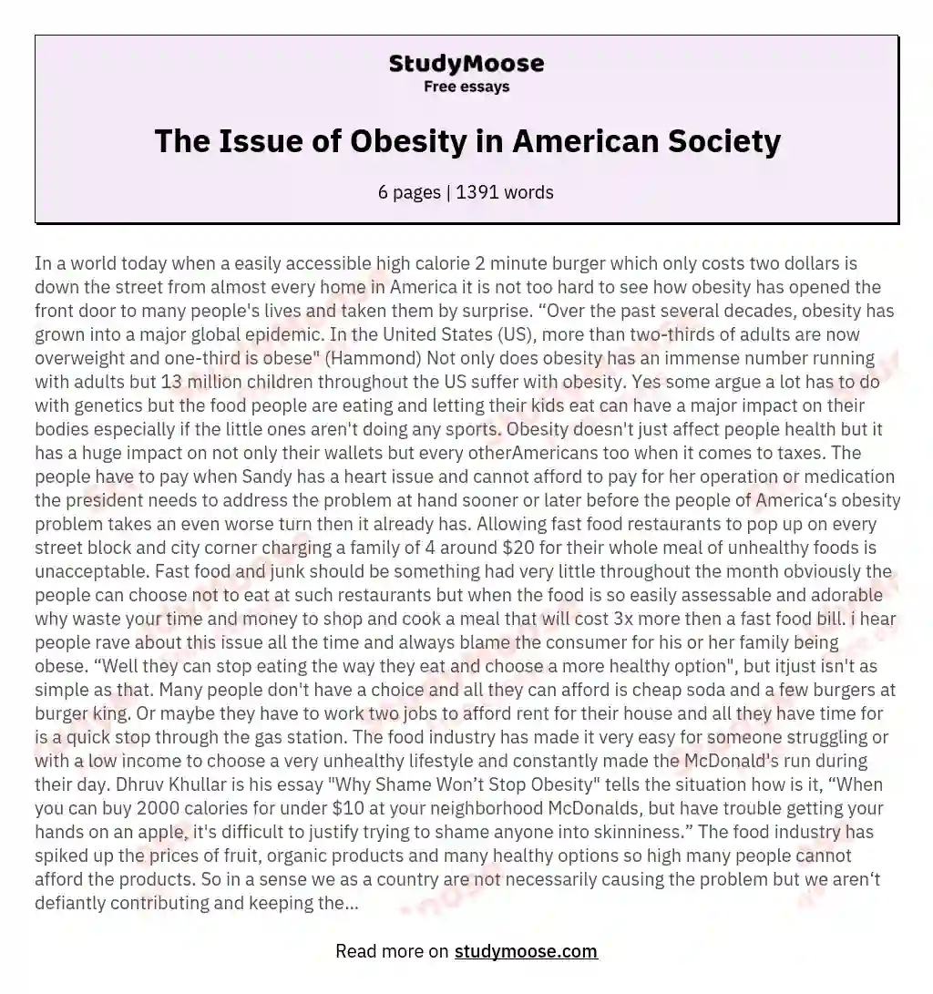 The Issue of Obesity in American Society essay