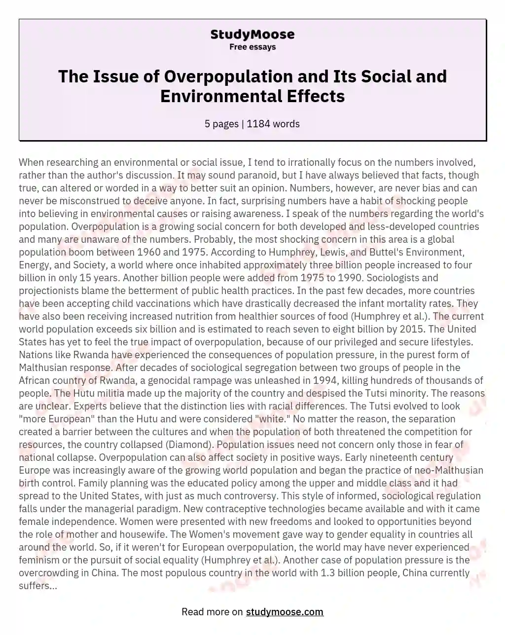 The Issue of Overpopulation and Its Social and Environmental Effects essay