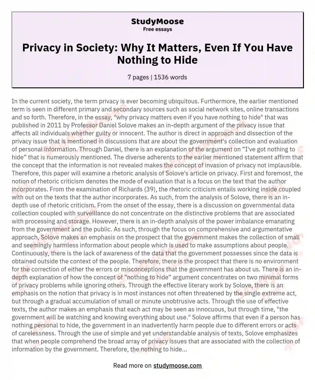 The Issue of Privacy in Our Society: Why Privacy Matters Even if You Have Nothing to Hide by Daniel Solove