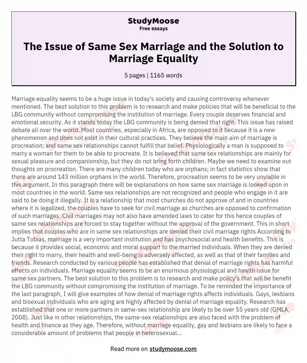 The Issue of Same Sex Marriage and the Solution to Marriage Equality essay