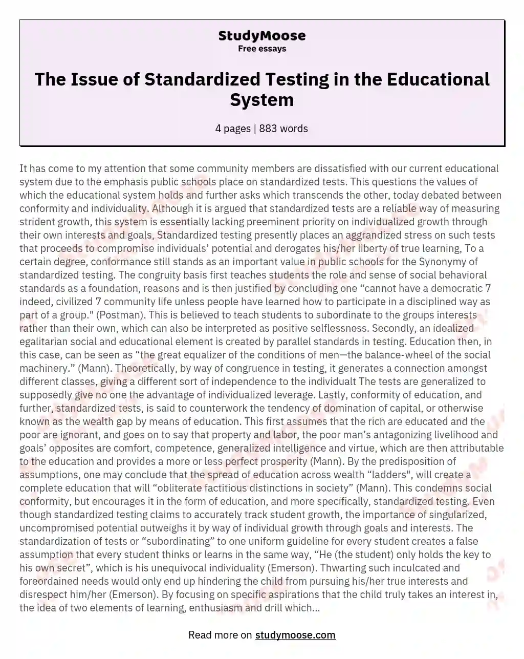 The Issue of Standardized Testing in the Educational System essay