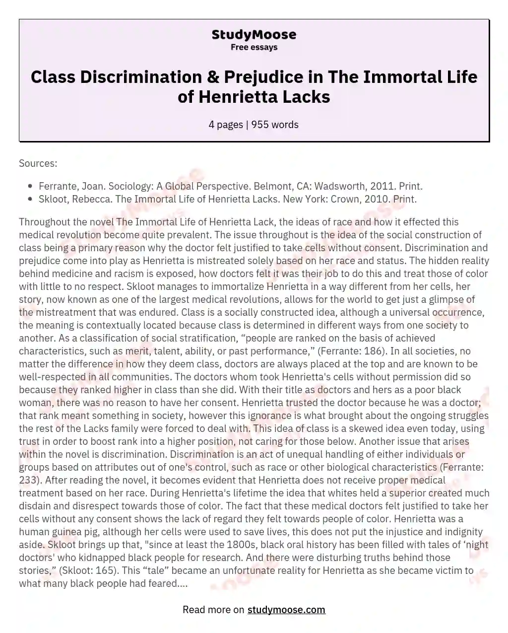Class Discrimination & Prejudice in The Immortal Life of Henrietta Lacks essay