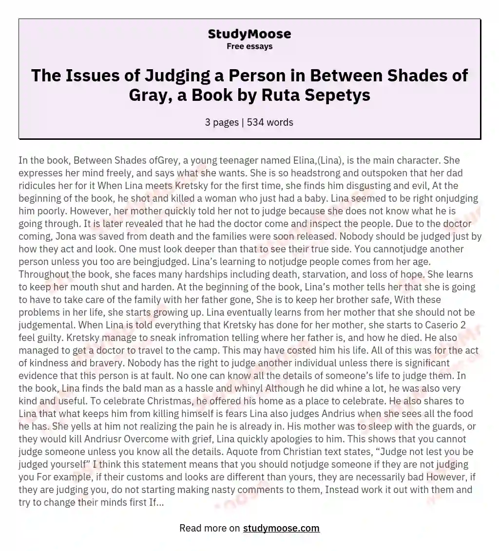 The Issues of Judging a Person in Between Shades of Gray, a Book by Ruta Sepetys essay