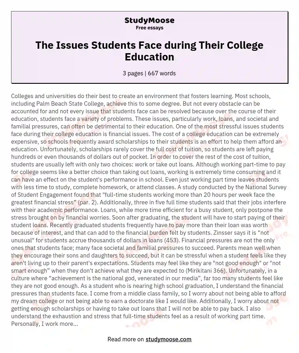 The Issues Students Face during Their College Education essay