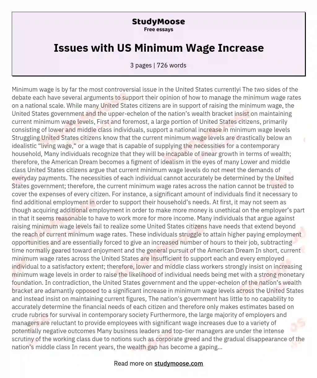 Issues with US Minimum Wage Increase essay