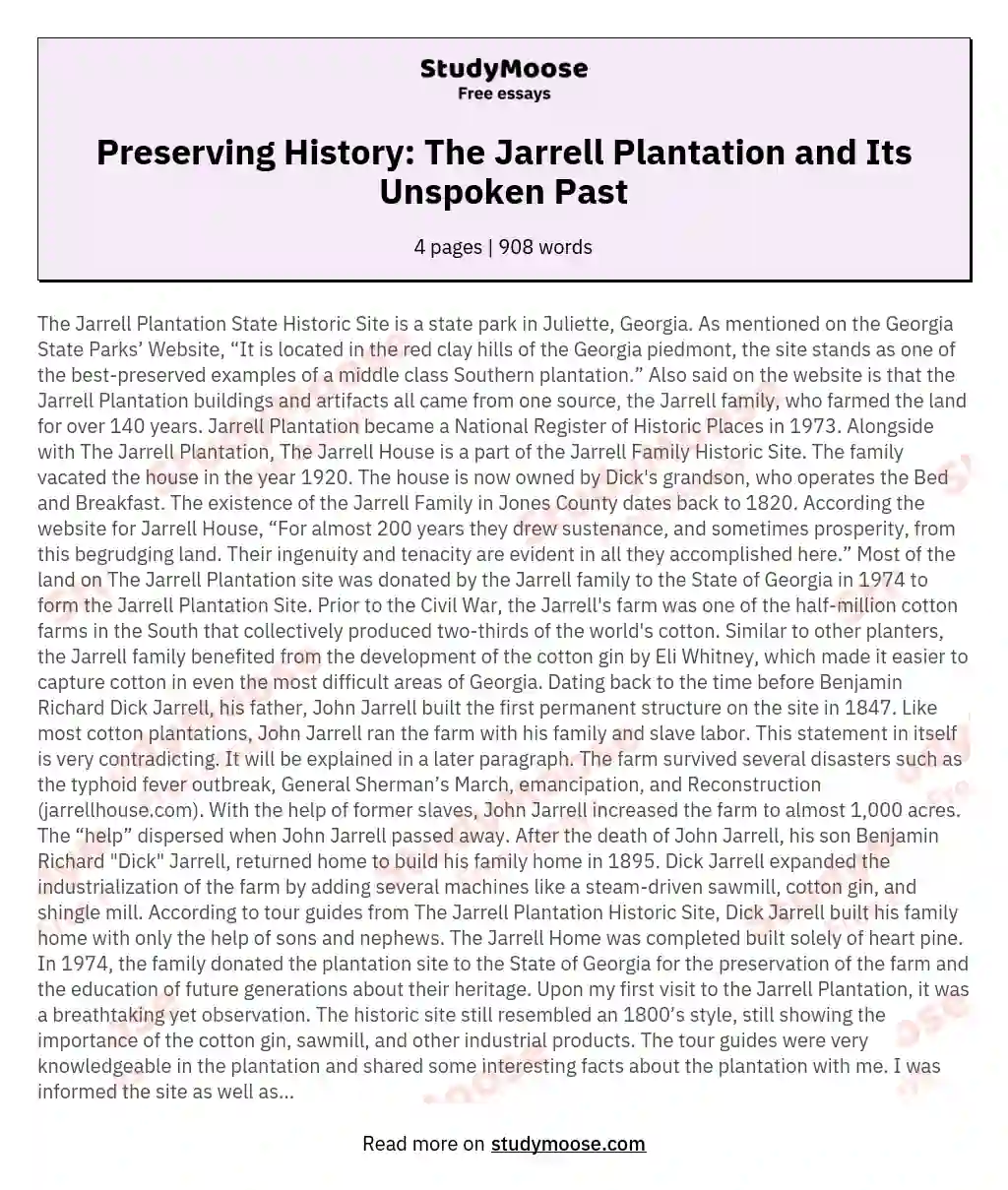 Preserving History: The Jarrell Plantation and Its Unspoken Past essay