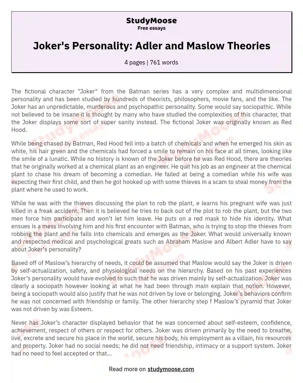 Joker's Personality: Adler and Maslow Theories essay