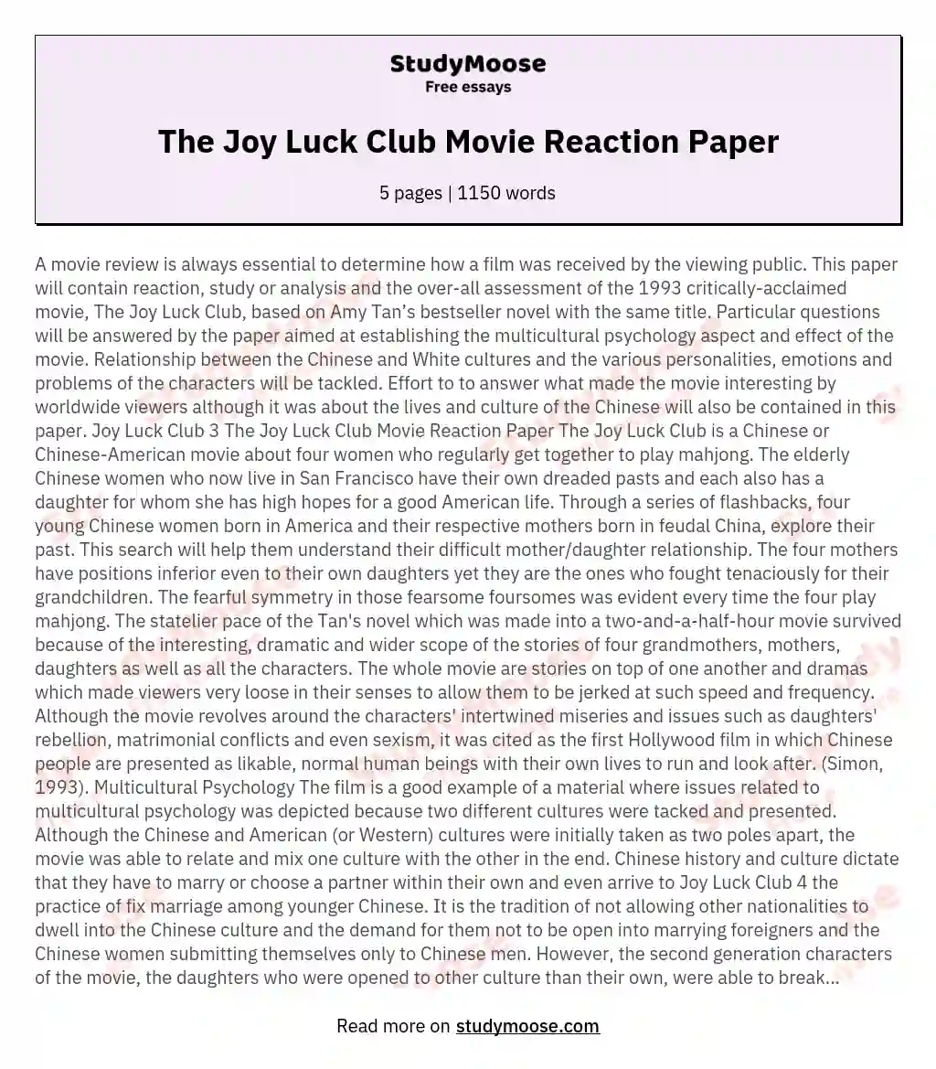 The Joy Luck Club Movie Reaction Paper