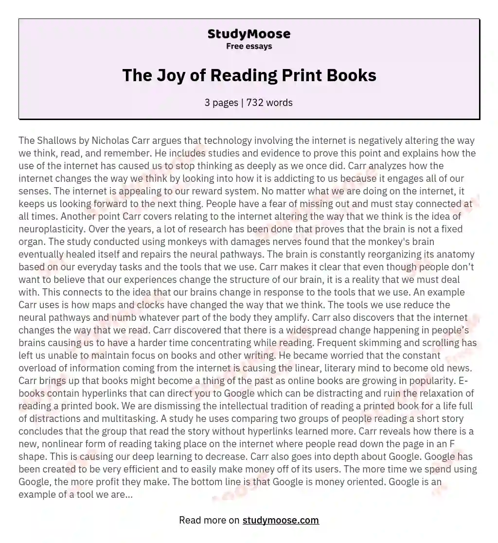 The Joy of Reading Print Books essay