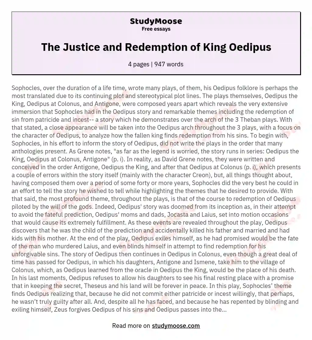 The Justice and Redemption of King Oedipus essay