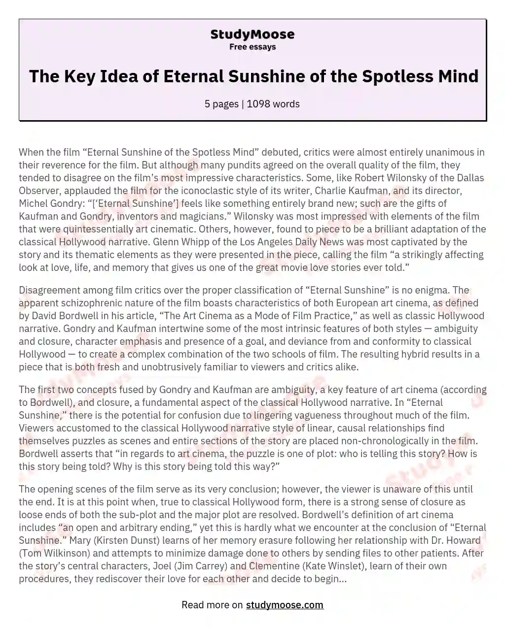 The Key Idea of Eternal Sunshine of the Spotless Mind