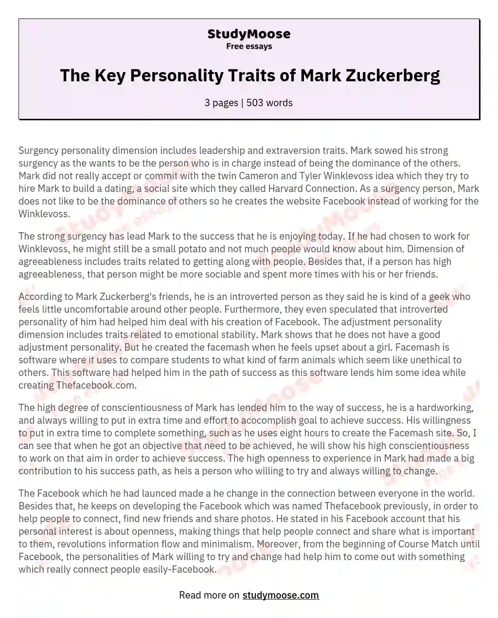 The Key Personality Traits of Mark Zuckerberg essay