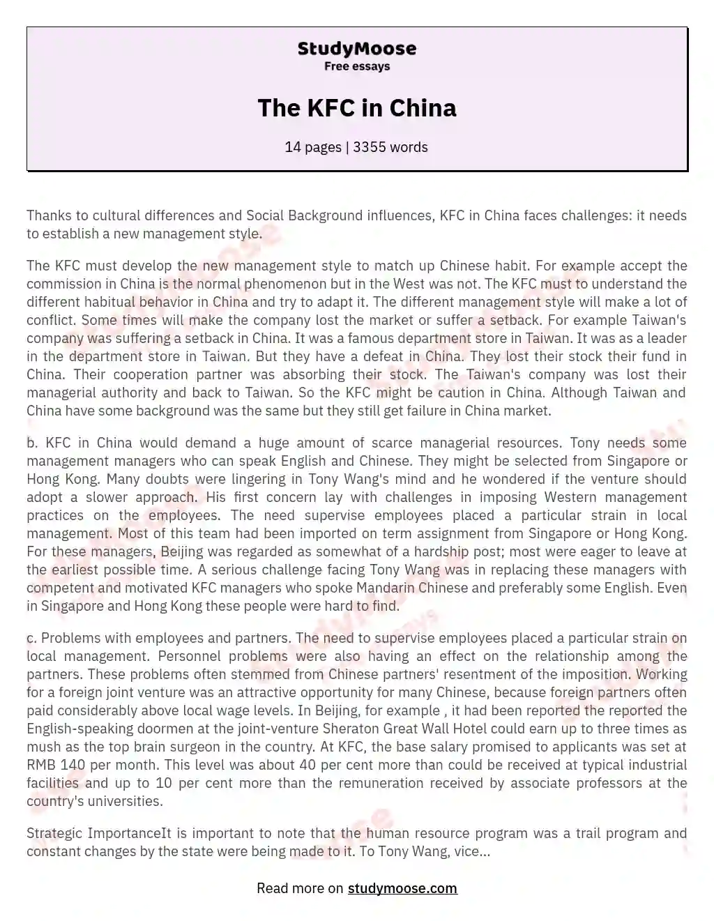 The KFC in China essay