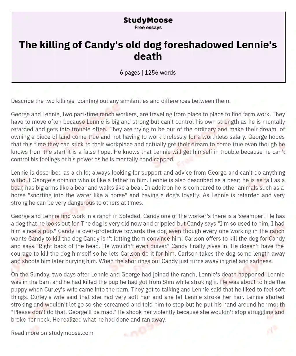 The killing of Candy's old dog foreshadowed Lennie's death essay