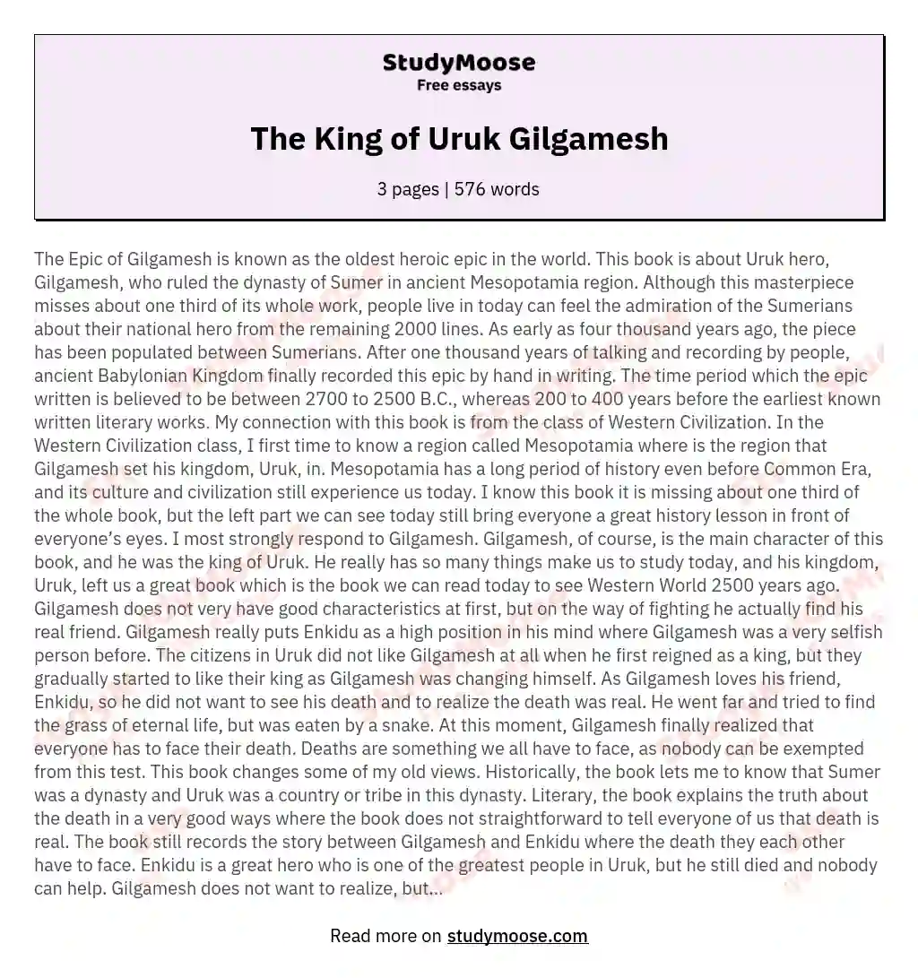 The King of Uruk Gilgamesh essay