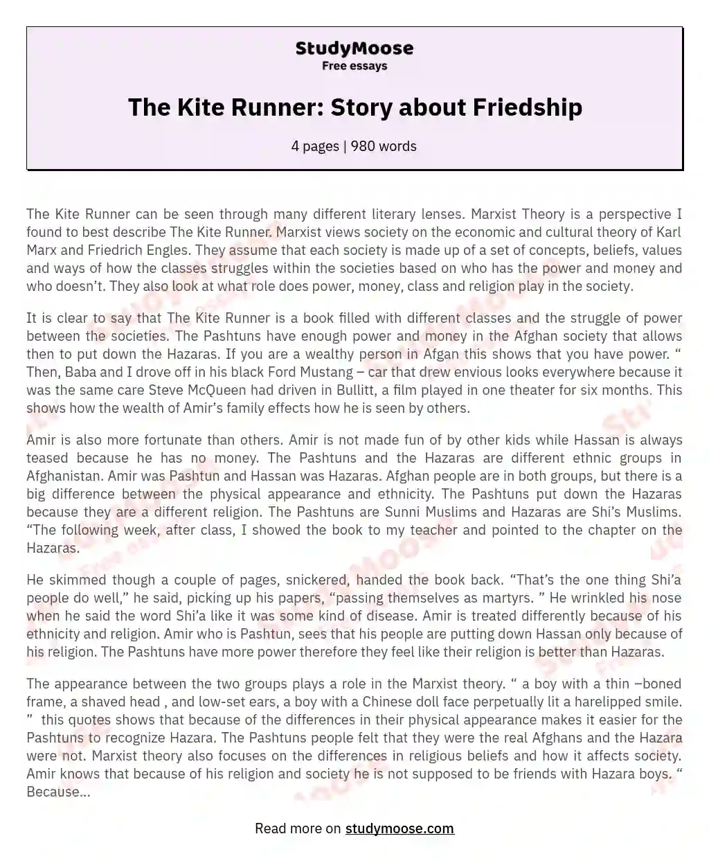 The Kite Runner: Story about Friedship essay