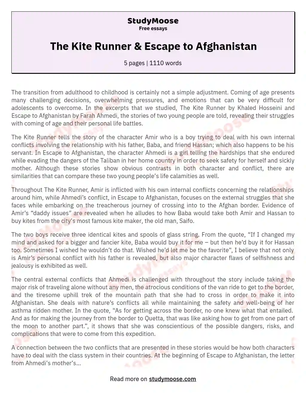 The Kite Runner &amp; Escape to Afghanistan essay