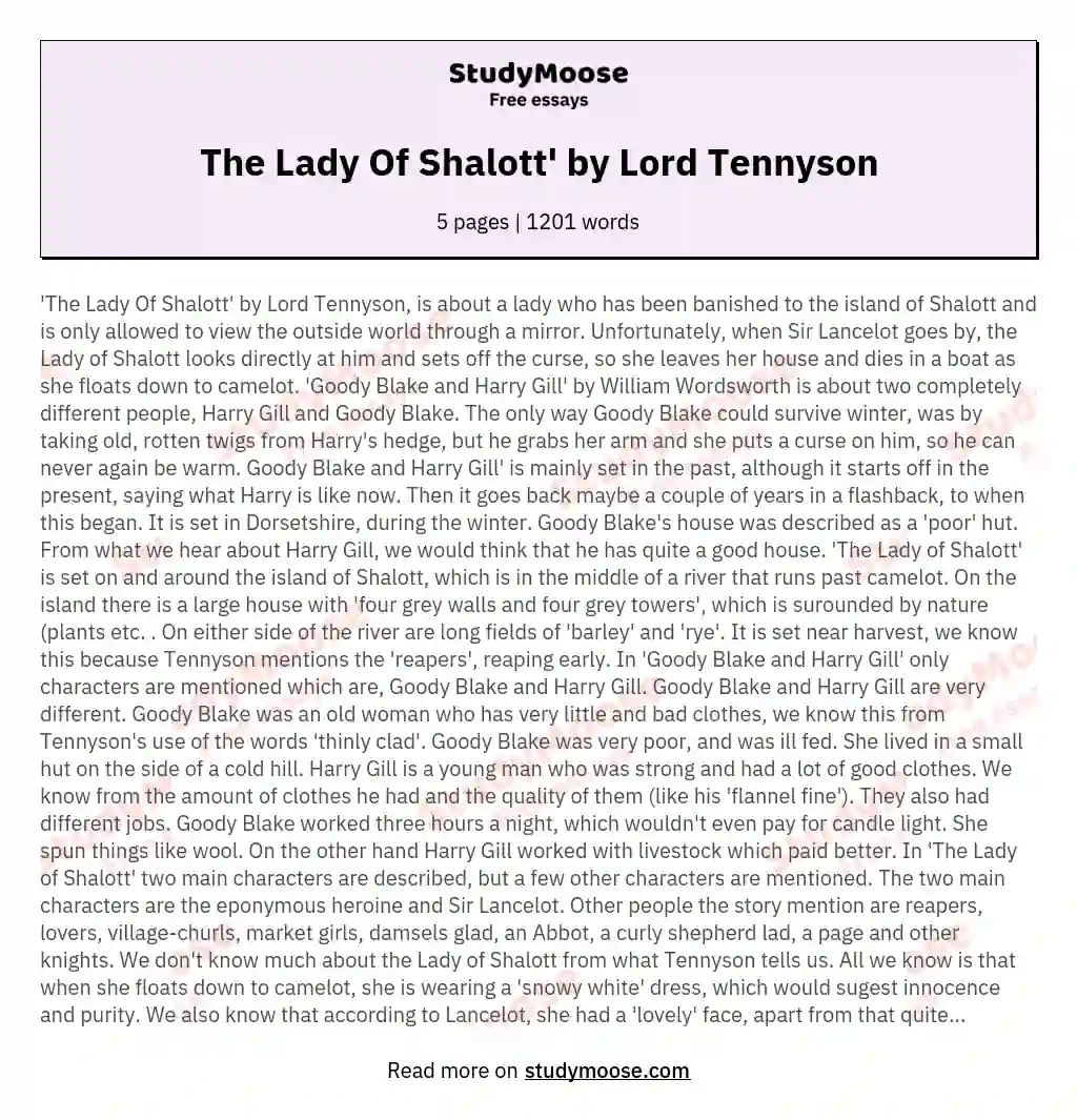 The Lady Of Shalott' by Lord Tennyson essay