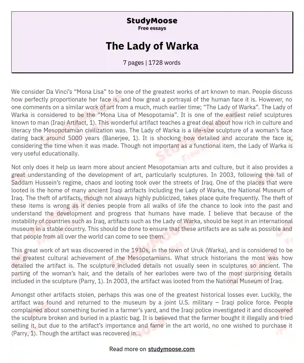 Preserving Cultural Heritage: The Lady of Warka's Journey essay
