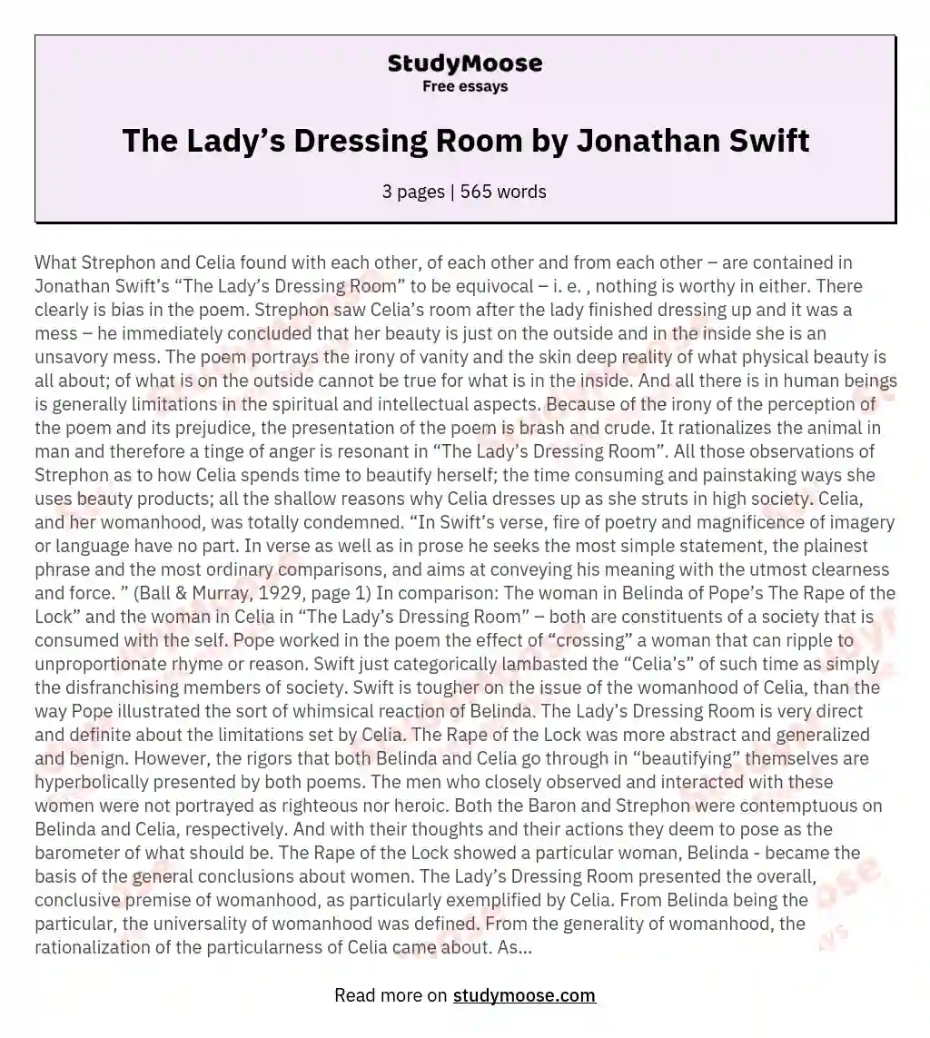 The Lady’s Dressing Room by Jonathan Swift essay