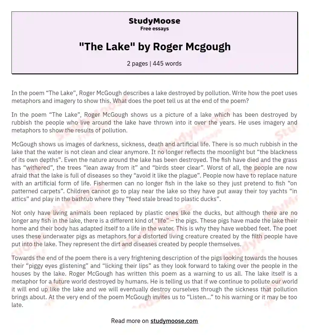 "The Lake" by Roger Mcgough essay