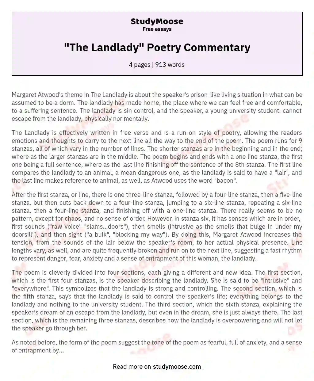 Analyzing Power and Control in Atwood's 'The Landlady' essay