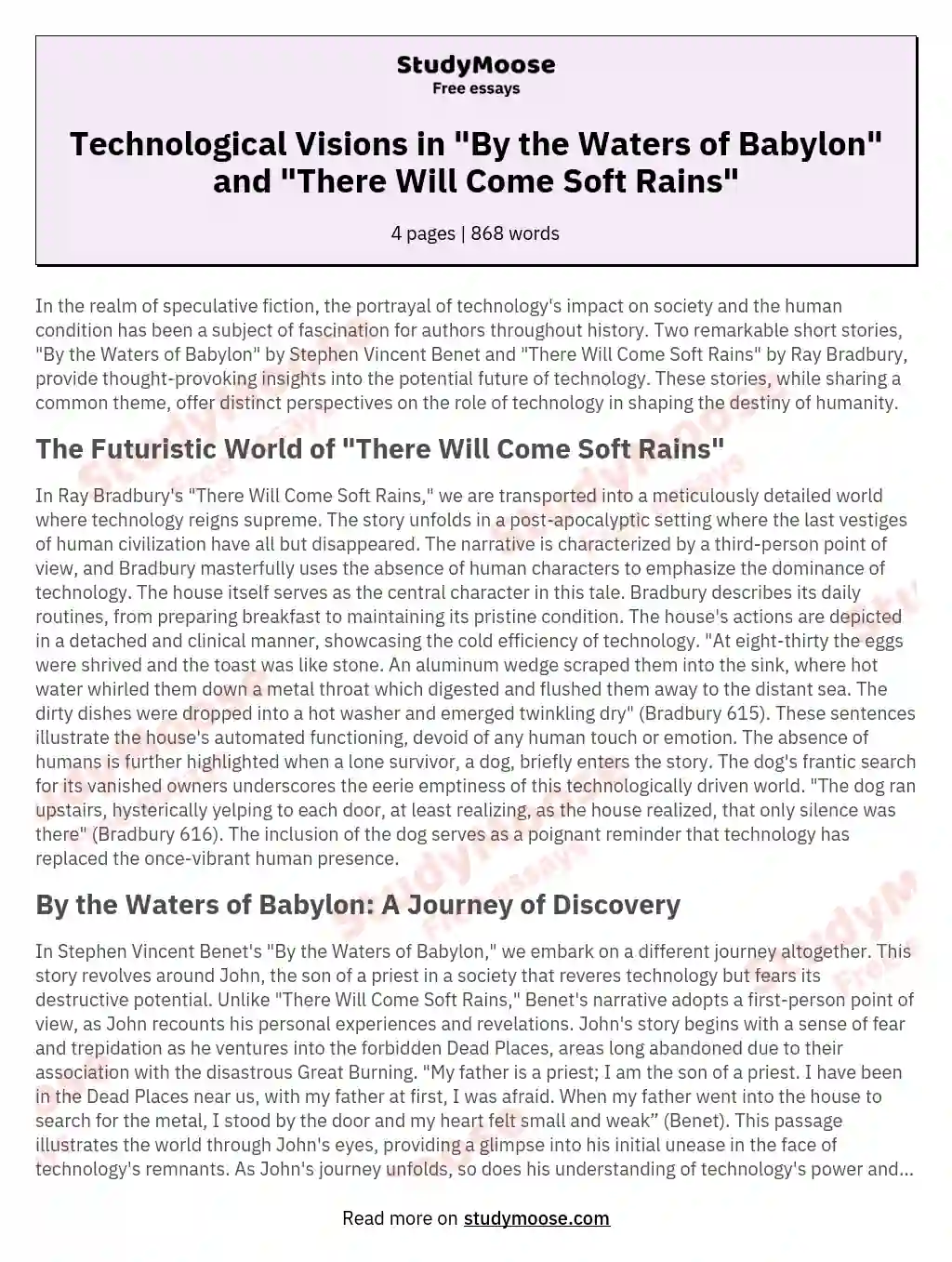 Technological Visions in "By the Waters of Babylon" and "There Will Come Soft Rains" essay