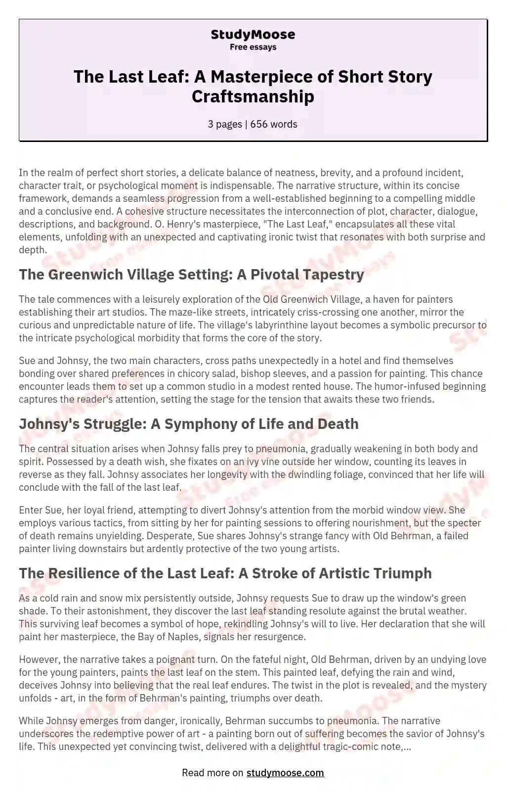 The Last Leaf O Henry s Short Story Analysis Free Essay Example