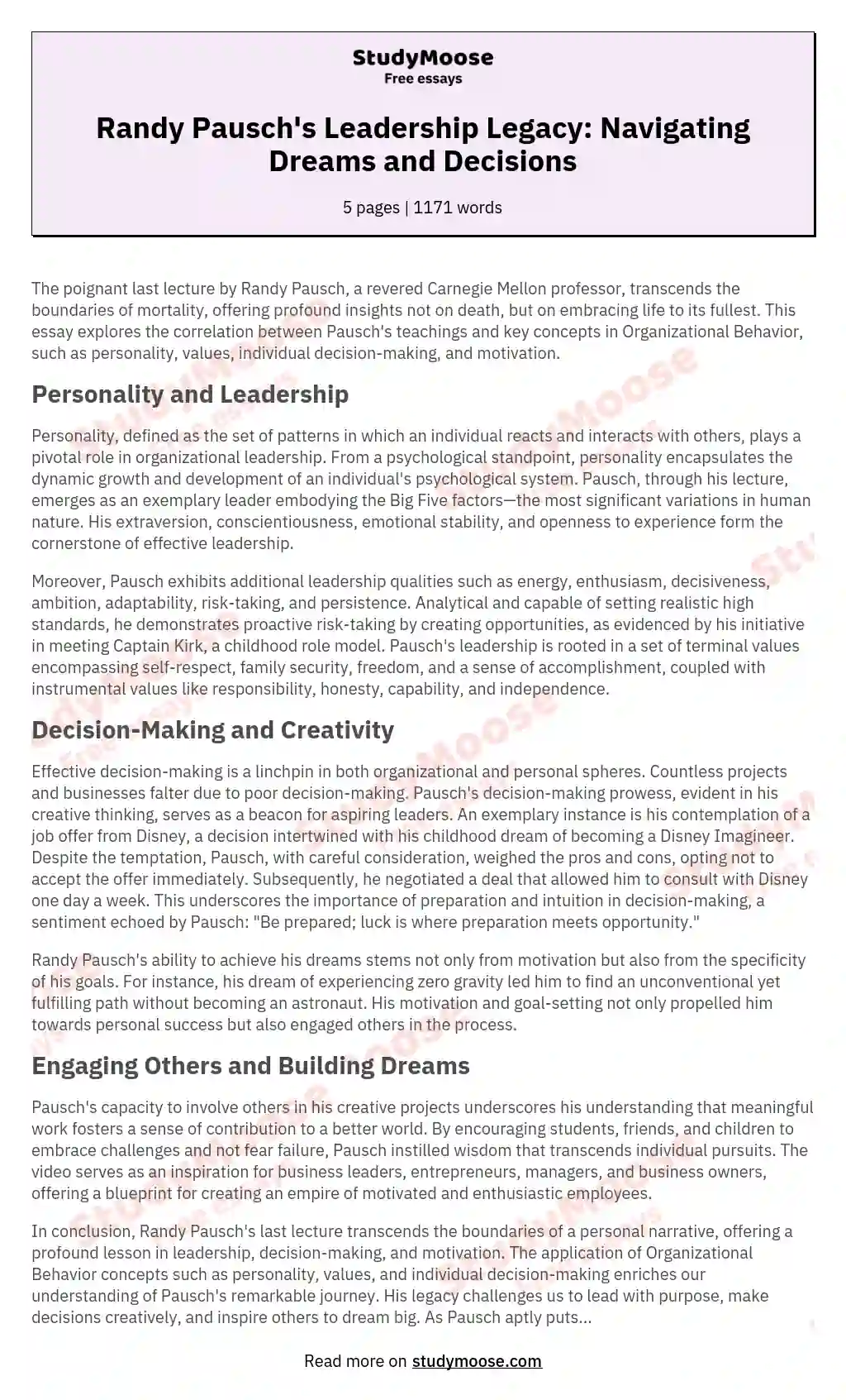 Randy Pausch's Leadership Legacy: Navigating Dreams and Decisions essay