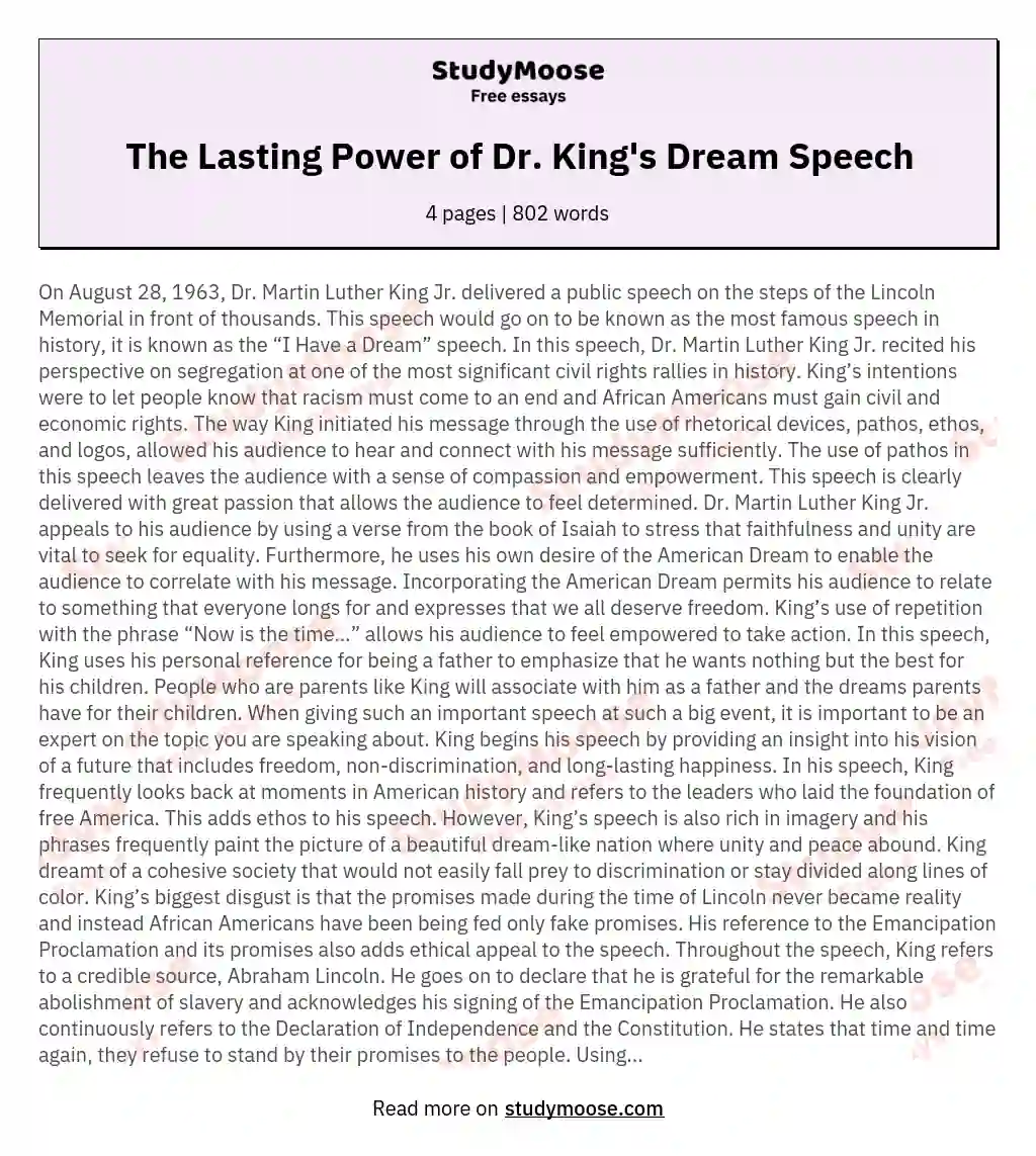 The Lasting Power of Dr. King's Dream Speech essay
