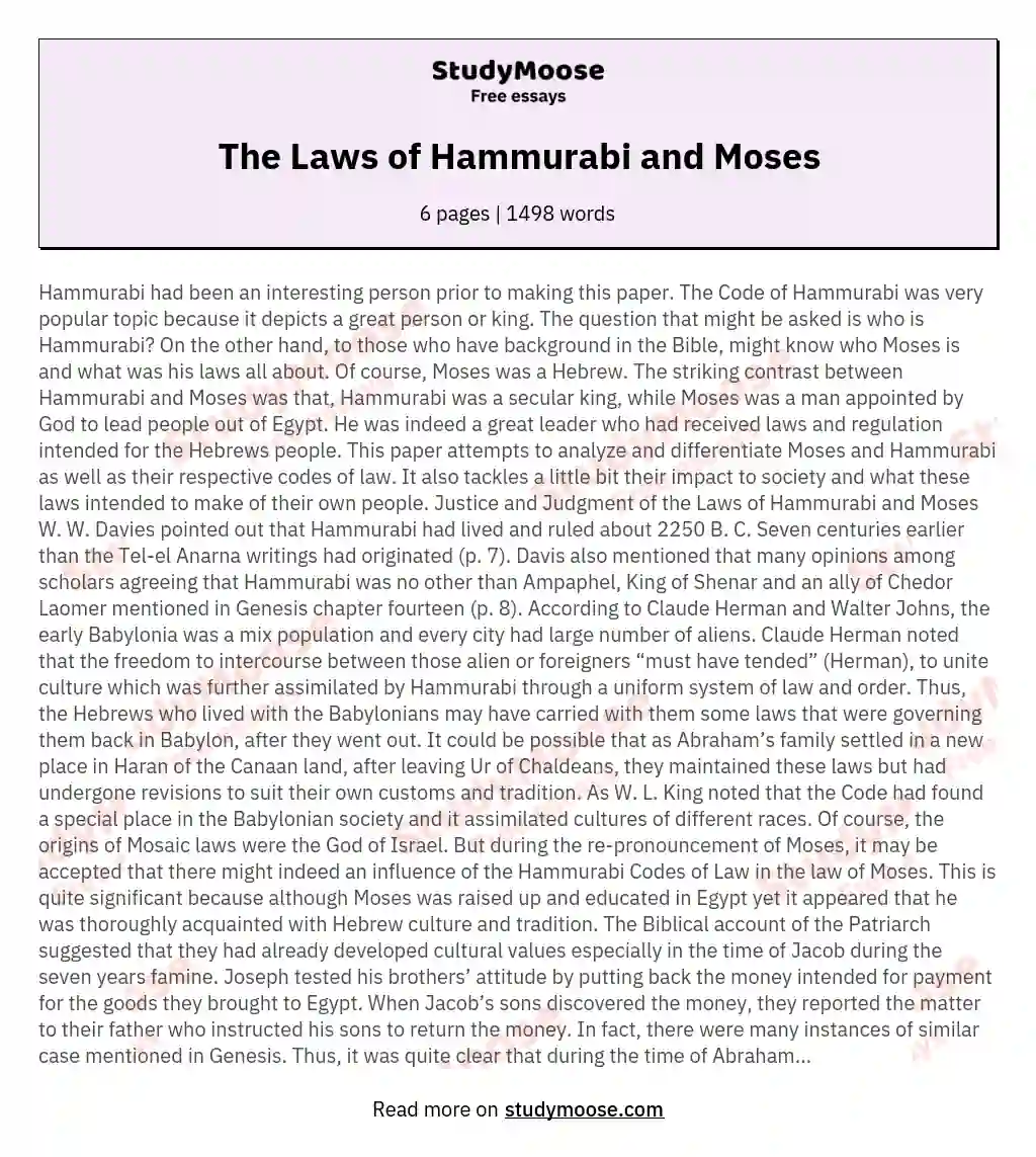 The Laws of Hammurabi and Moses essay