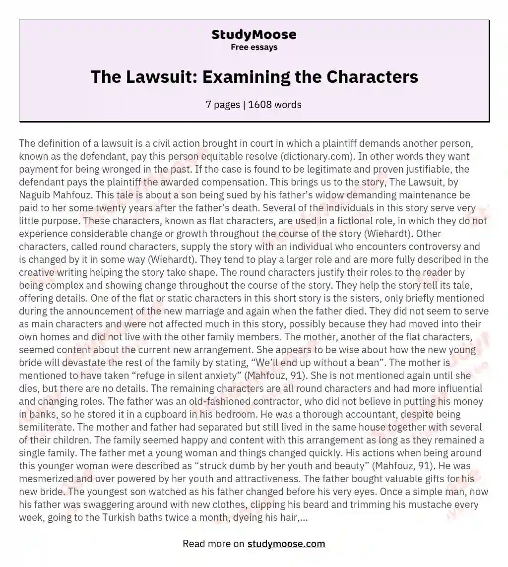 The Lawsuit: Examining the Characters essay