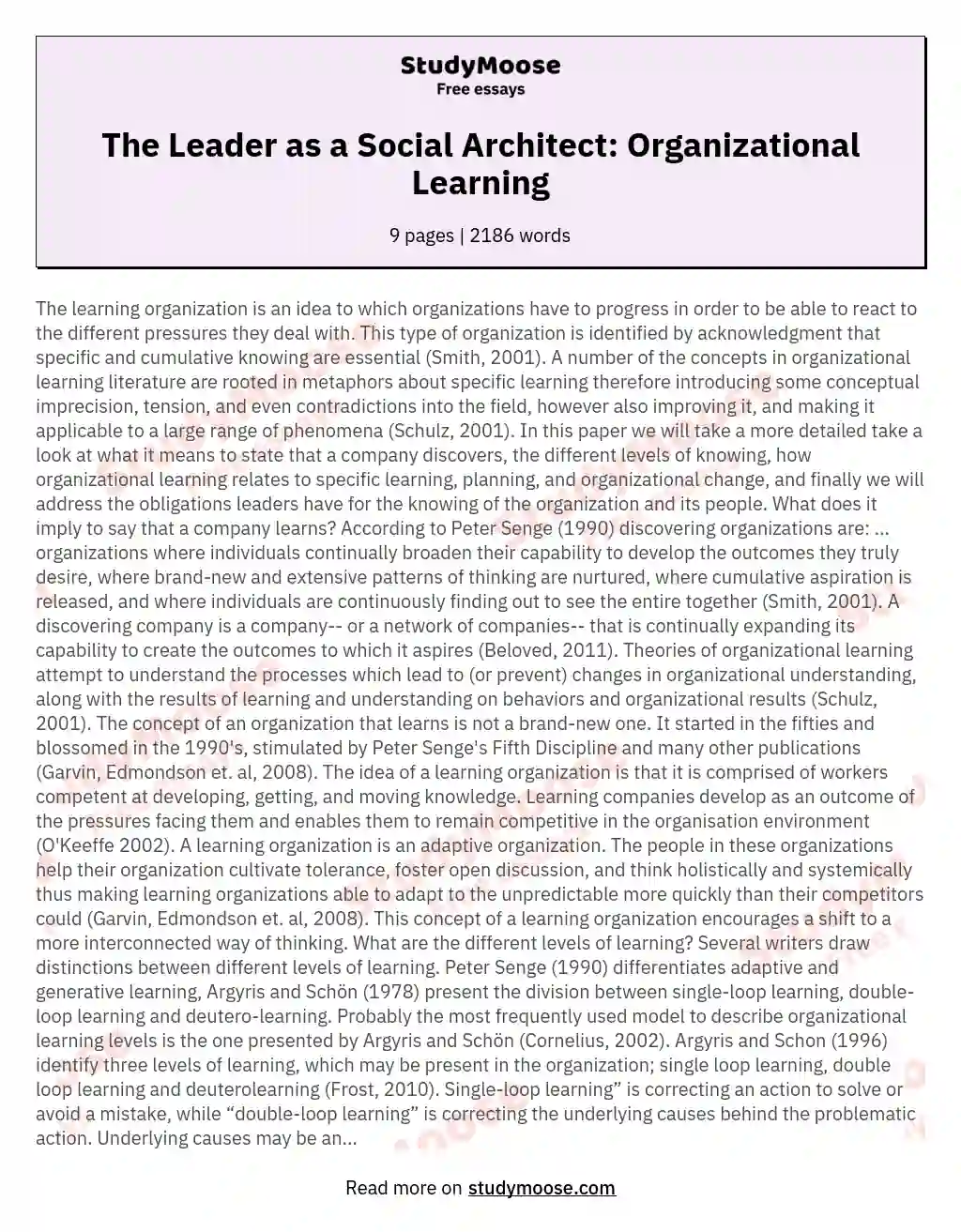 The Leader as a Social Architect: Organizational Learning
