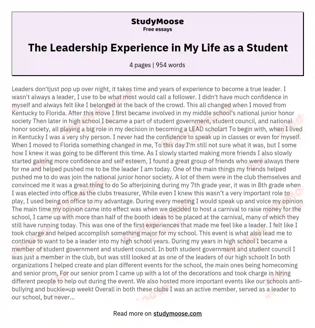 The Leadership Experience in My Life as a Student essay