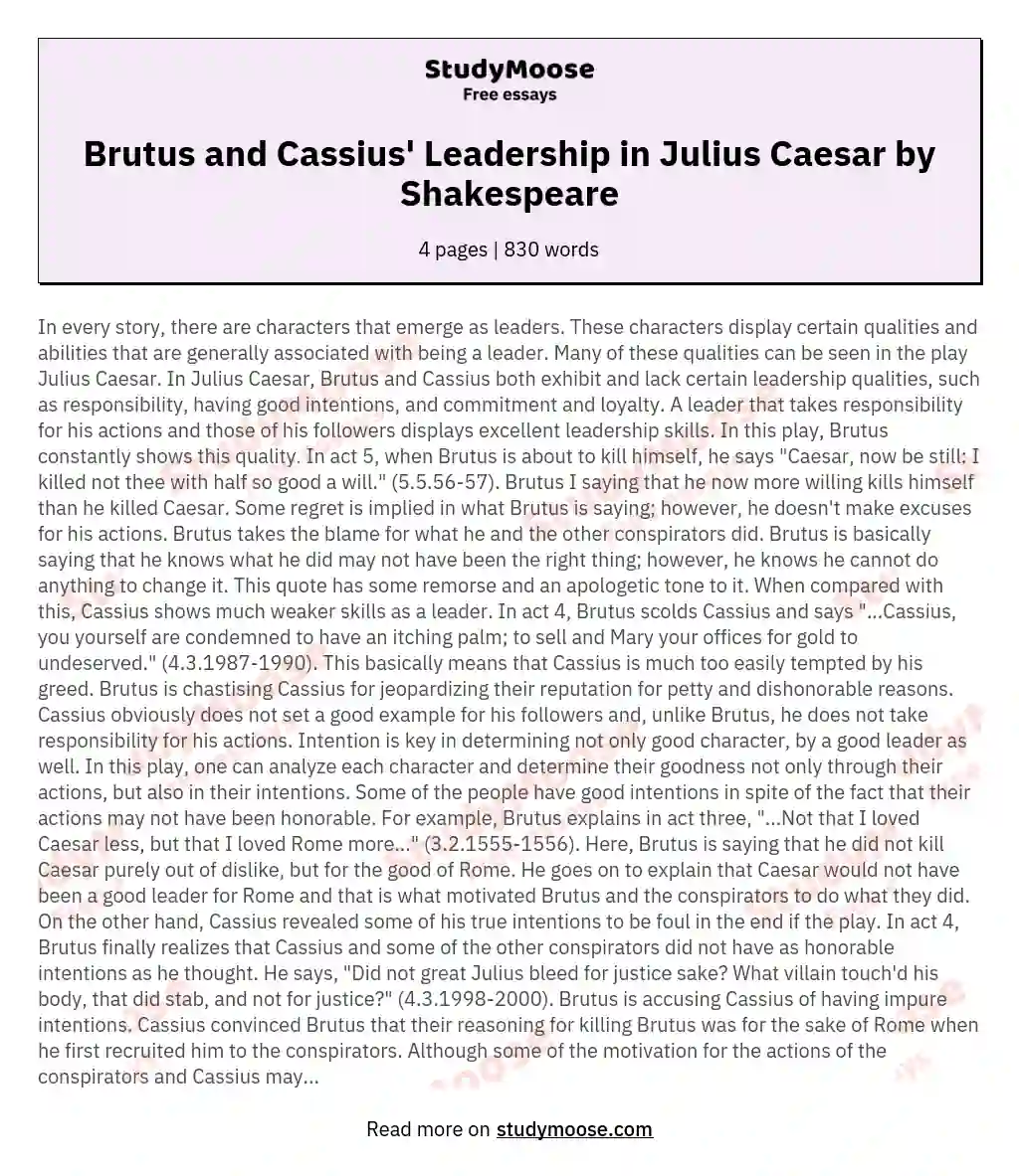 Brutus and Cassius' Leadership in Julius Caesar by Shakespeare essay